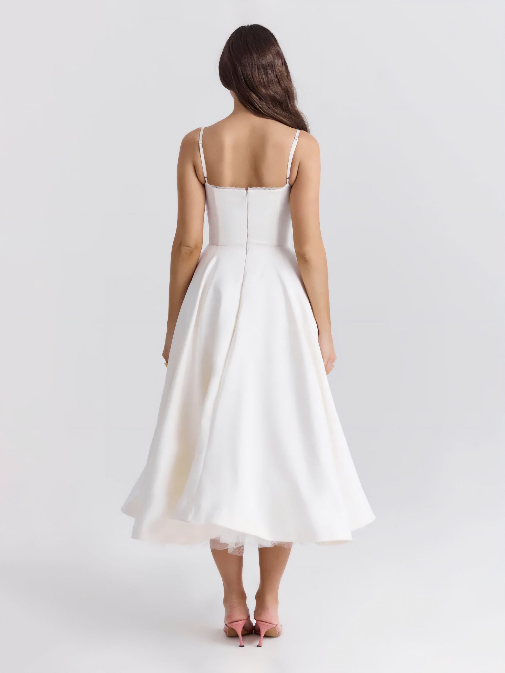 Sweetheart Spaghetti Strap Lace Trim Corset Bodice Fit and Flare Midi Dress