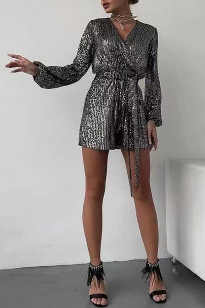 Sequin V Neck Tie-up Rompers