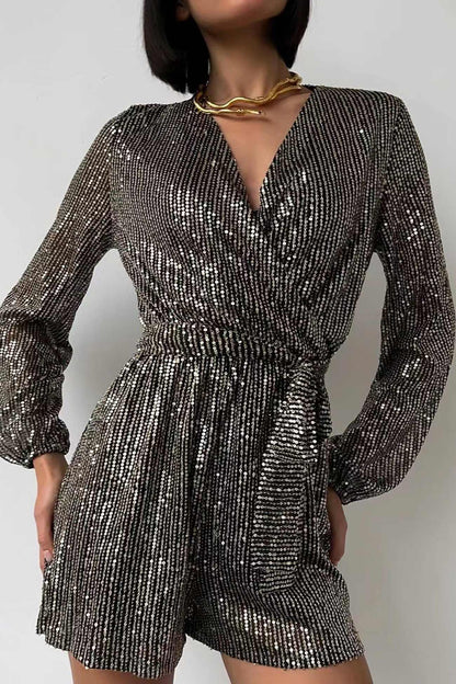 Sequin V Neck Tie-up Rompers