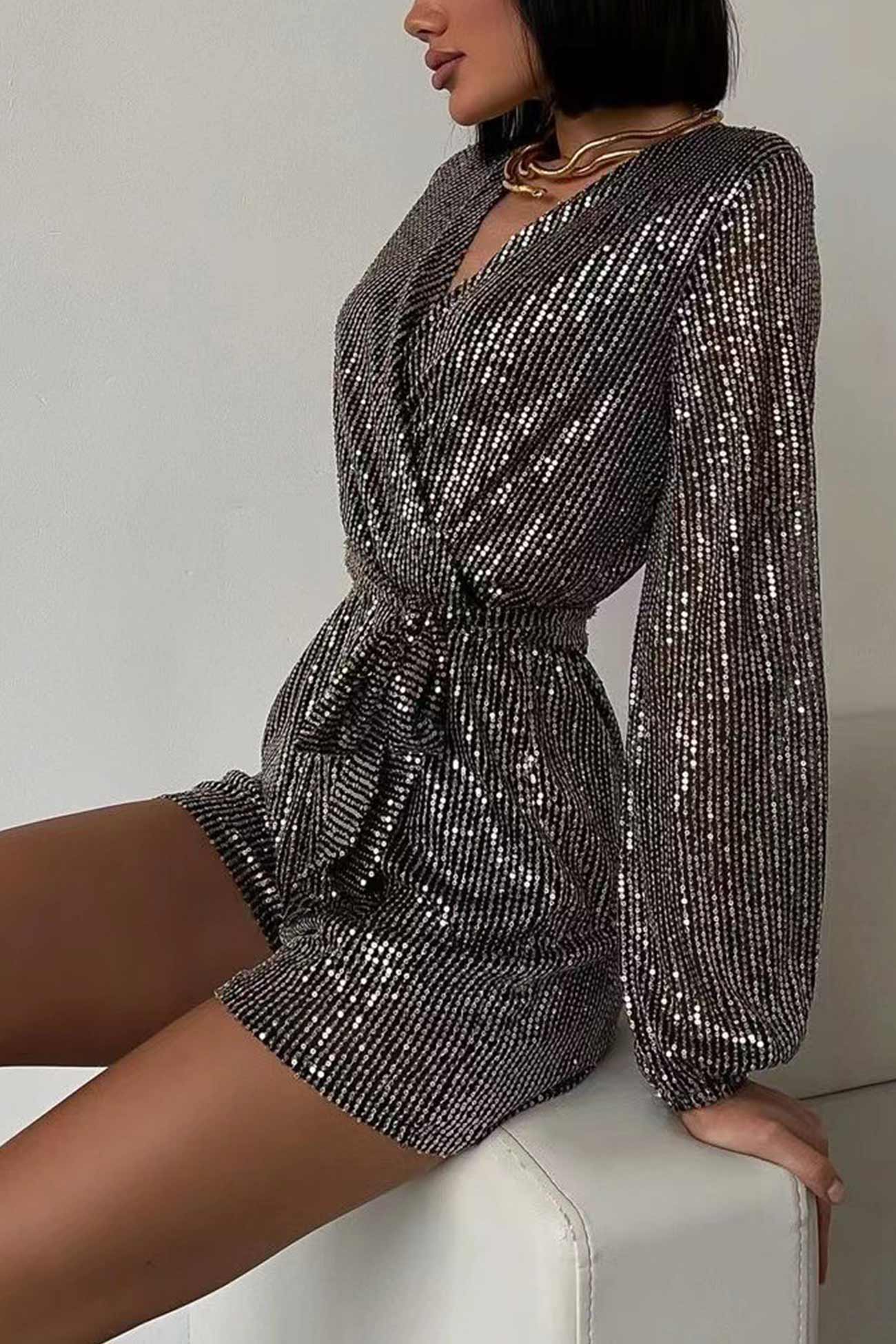 Sequin V Neck Tie-up Rompers