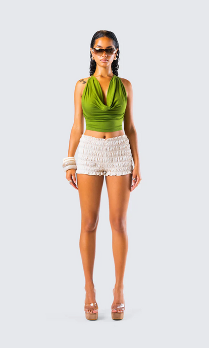 | Drape Front Halter Crop Top