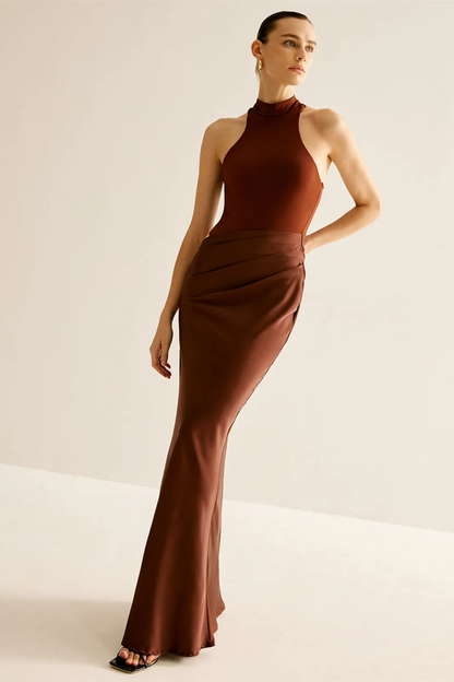 | Cut-out contour high neck satin gown