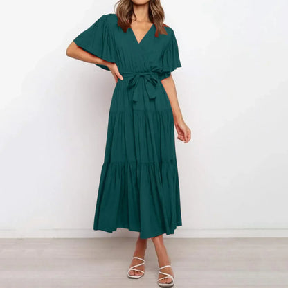 V Neck Wrap Tie Waist Tiered Flutter Sleeve Midi Dress