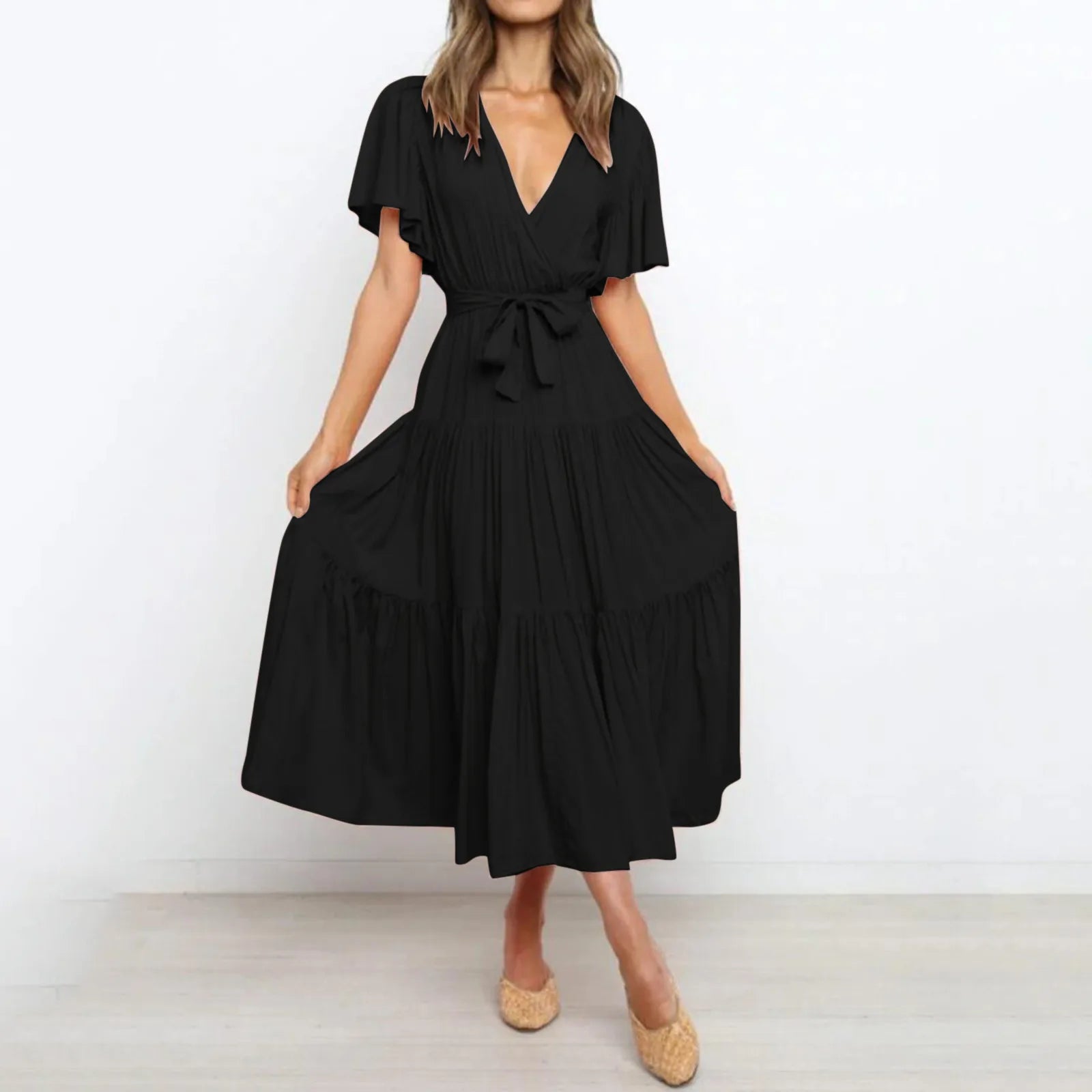 V Neck Wrap Tie Waist Tiered Flutter Sleeve Midi Dress