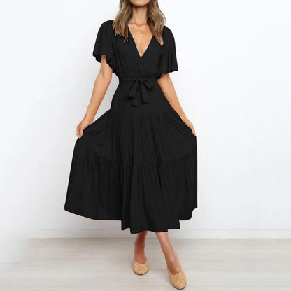 V Neck Wrap Tie Waist Tiered Flutter Sleeve Midi Dress