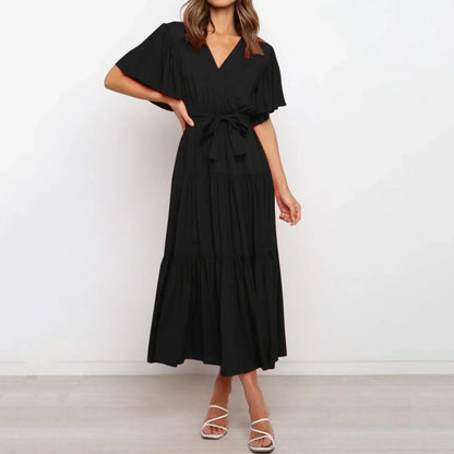 V Neck Wrap Tie Waist Tiered Flutter Sleeve Midi Dress