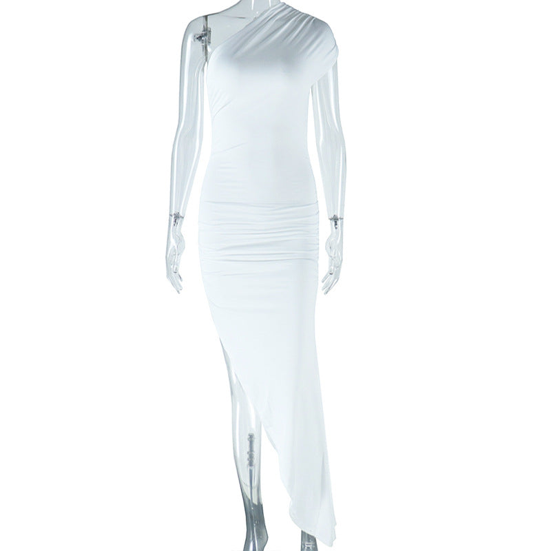 Diagonal Collar Solid Color Dress Stitching Short Sleeve Pleated Pullover Mid Waist Asymmetric