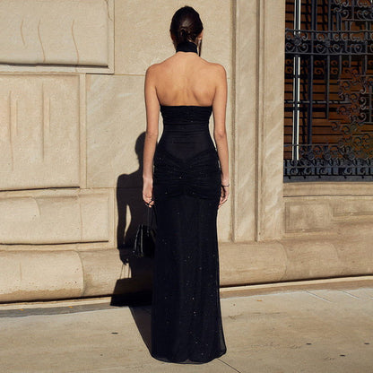 Strapless Ruched Knotted Front Fishtail Maxi Dress