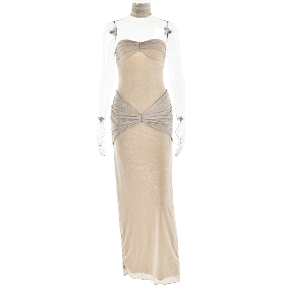 Strapless Ruched Knotted Front Fishtail Maxi Dress