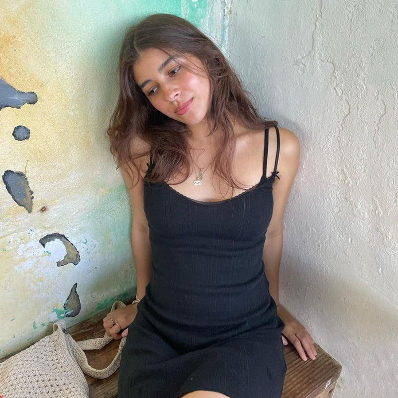 Lace V neck Backless Strap Cotton Dress for