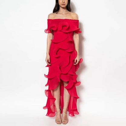Off Shoulder Dress Elegant Irregular Asymmetric Wooden Ear Design Maxi