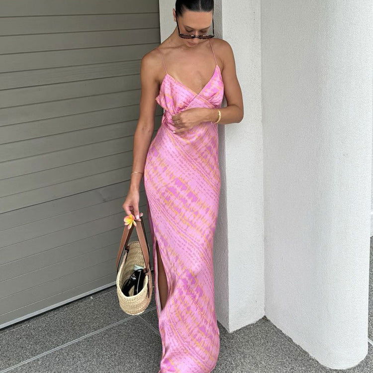 Printed V neck Suspender Side Slit Backless Sheath Dress