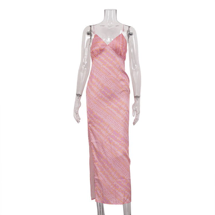Printed V neck Suspender Side Slit Backless Sheath Dress
