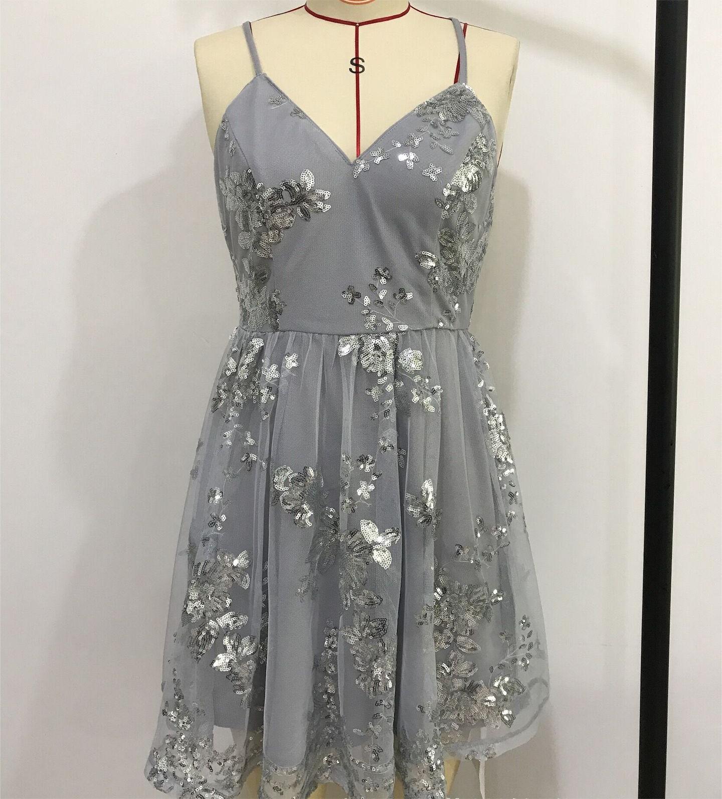 Floral Sequin Embroidery Spaghetti Strap Deep V-Neck Fit and Flare Mini Dress