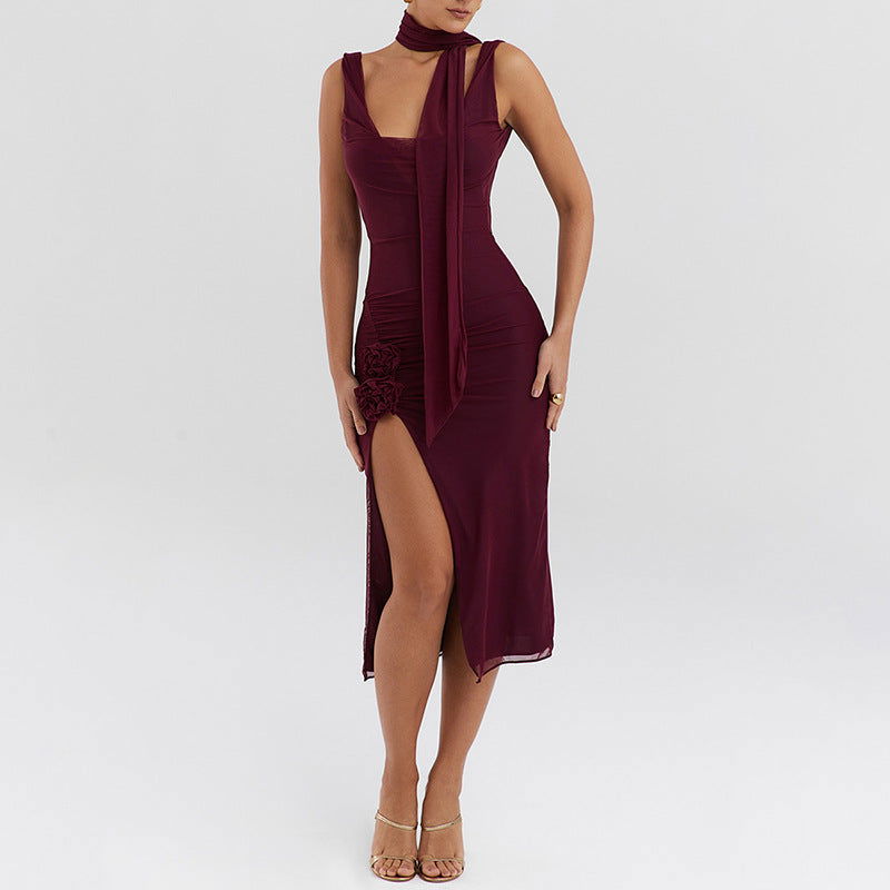Scoop Neck Attached Scarf Tie 3D Rosette Applique High Slit Ruched Mesh Midi Dress