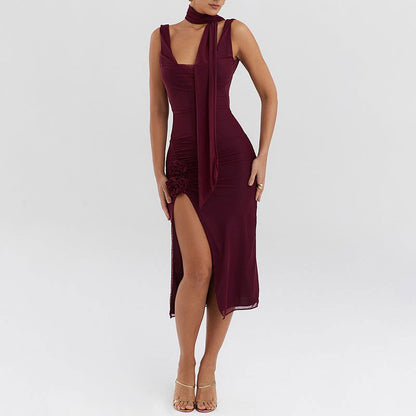 Scoop Neck Attached Scarf Tie 3D Rosette Applique High Slit Ruched Mesh Midi Dress
