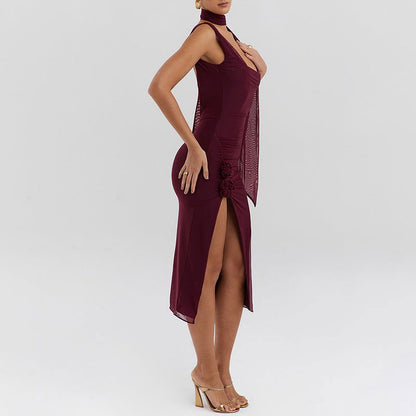 Scoop Neck Attached Scarf Tie 3D Rosette Applique High Slit Ruched Mesh Midi Dress