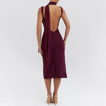 Scoop Neck Attached Scarf Tie 3D Rosette Applique High Slit Ruched Mesh Midi Dress