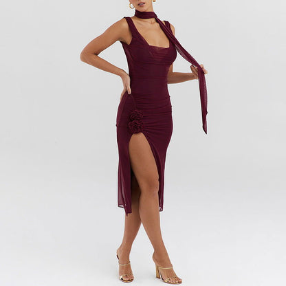Scoop Neck Attached Scarf Tie 3D Rosette Applique High Slit Ruched Mesh Midi Dress