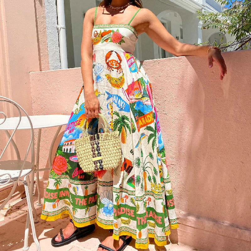 Sling Graffiti Printing Sleeveless Swing Cotton Linen Dress Amplified craft