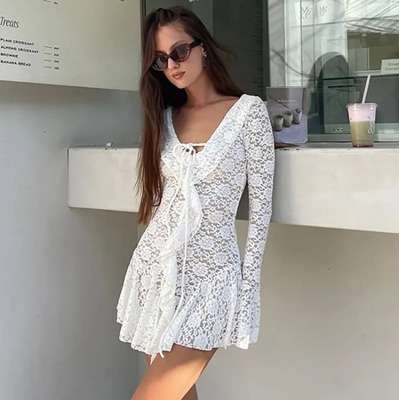 Lace Ruffle Tie Waist Mini Dress
