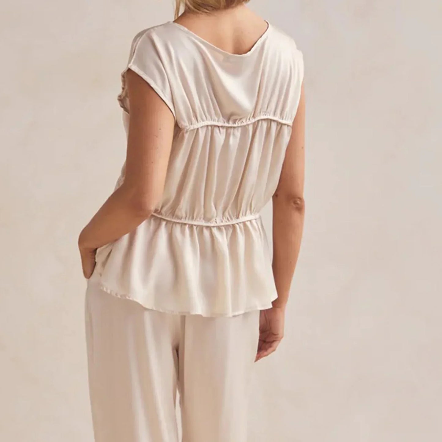 | Ruched Cap Sleeve Peplum Top