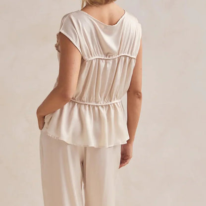 | Ruched Cap Sleeve Peplum Top