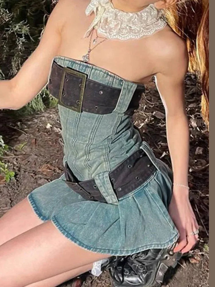 Strapless Denim Belted Mini Dress