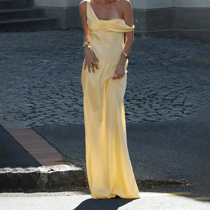 Satin One Shoulder Halter Maxi Dress