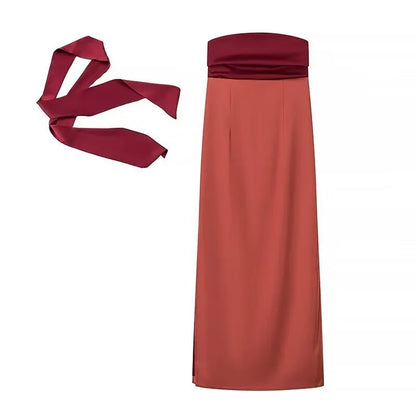 Ribbon Patchwork Strapless Maxi Dress
