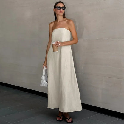 Strapless Khaki Cotton Holiday Midi Dress