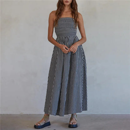 Striped Strapless Flowy Tube Midi Dress