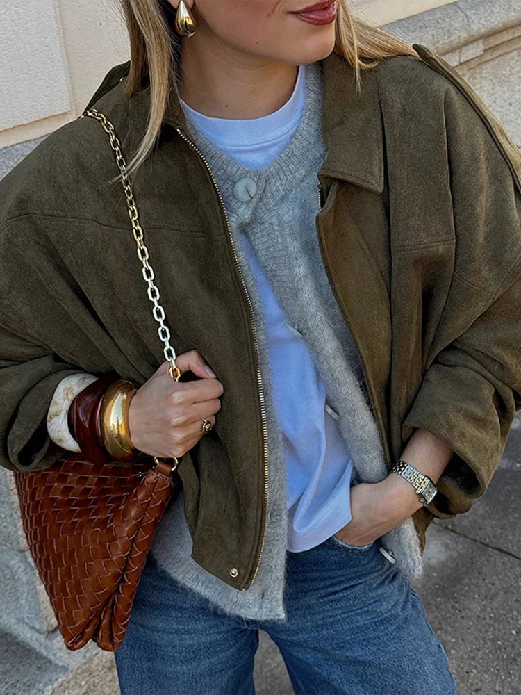 Short Suede Zipper Loose Street Coat