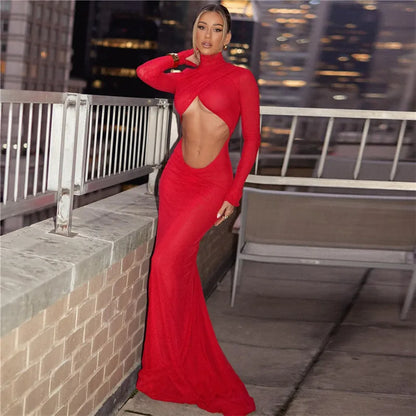 Red Ruched Cut Out Maxi Dress