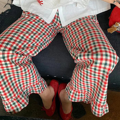Ruffled Plaid Flared Casual Pant