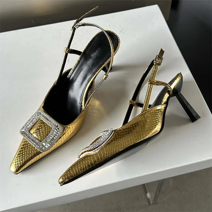 Spring Autumn Women Pumps Designer Pointed Toe Buckle Strap Thin Heels Gold Silver
