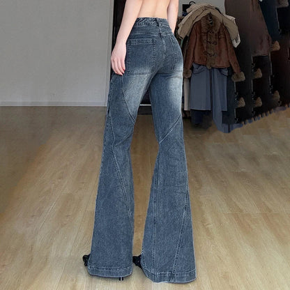 Y2K Low Waisted Washed Flare Jeans Korean Streetwear Blue Slim Fit Denim Pants Fashion Lady Casual Boot Cut Trousers