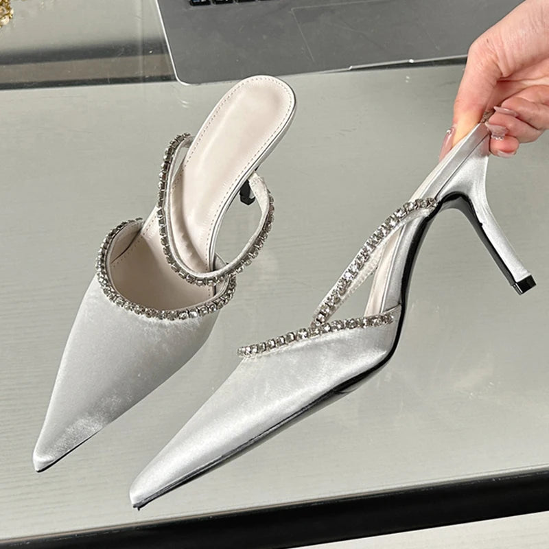 Crystal Thin Heel Pointed Toe Mules Slippers for Women Street Style Fashion