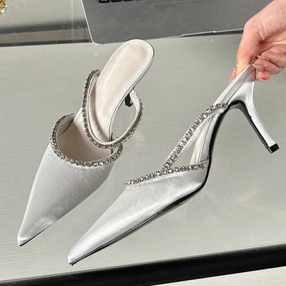 Crystal Thin Heel Pointed Toe Mules Slippers for Women Street Style Fashion