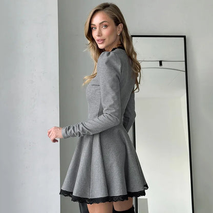 Patchwork Gray Long Sleeve A-line Mini Dress