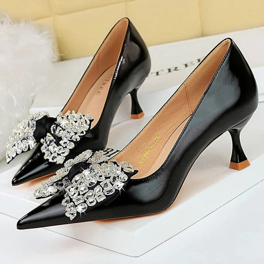 Rhinestone Bowknot Kitten Heels Luxury Party Shoes for Women