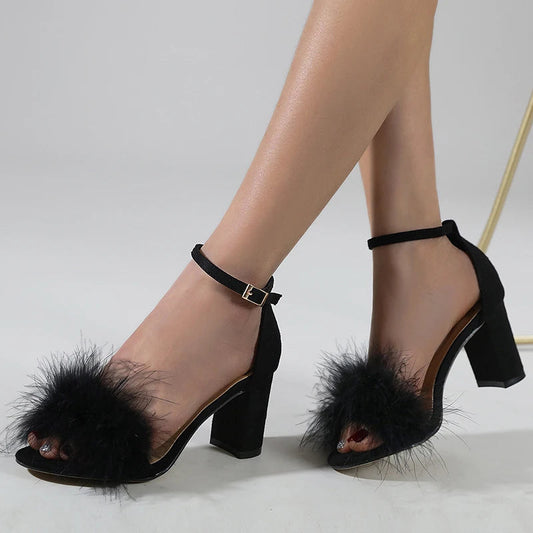 Summer Gladiator Sandals with Fluffy Peep Toe and Low Square High Heels for Women