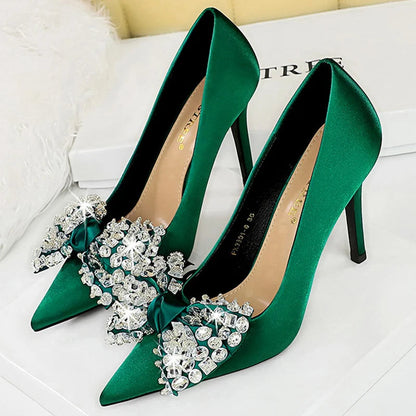 Rhinestone Bow Knot Women Pumps in Large Size 43 for Luxury Banquets