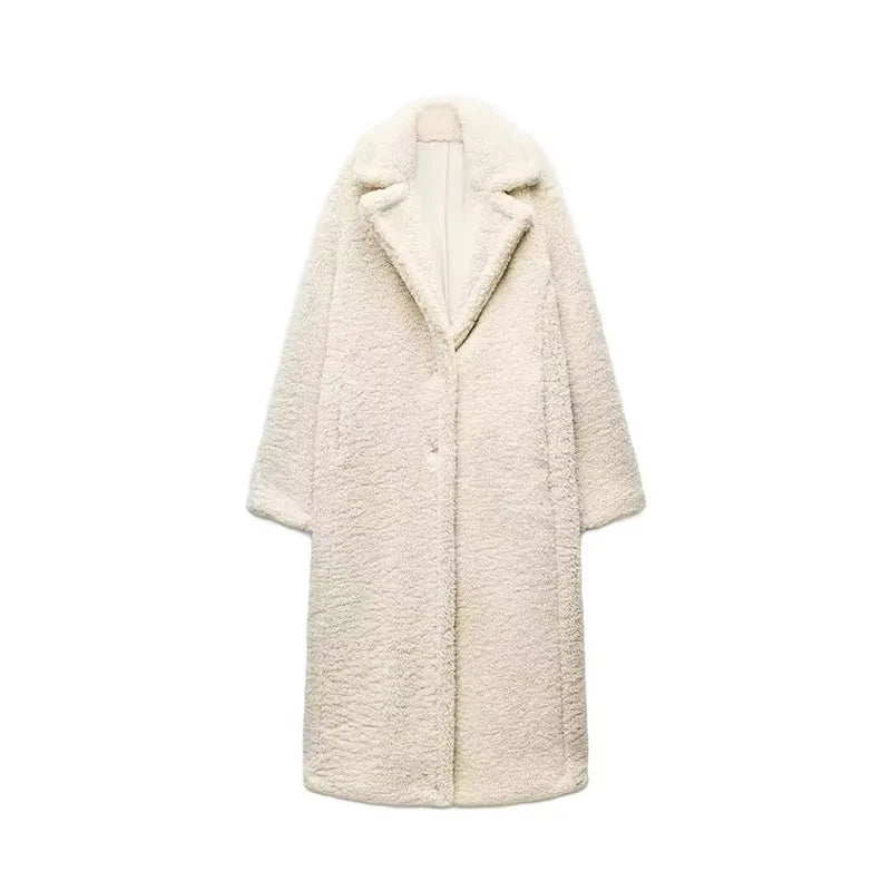 Thicken Warm Outwear Women Furry Double Breasted Loose Turn-down Collar Casual Long Coat Female Winter Chic Jackets