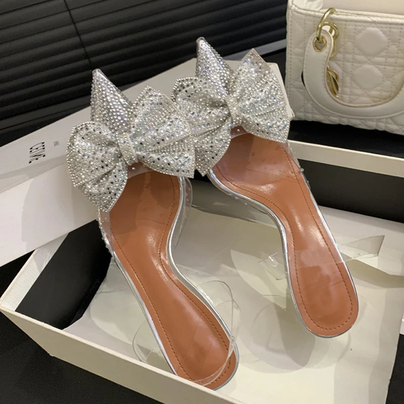 Crystal Bowknot PVC Transparent Women Pumps with Pointed Toe and Low Heels in Champagne Silver