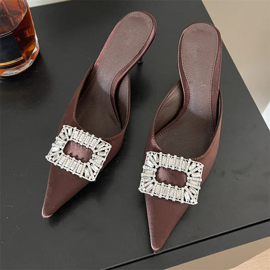 Crystal Buckle Pointed Toe Thin Heel Slippers for Women - Fashionable Casual Party Mules