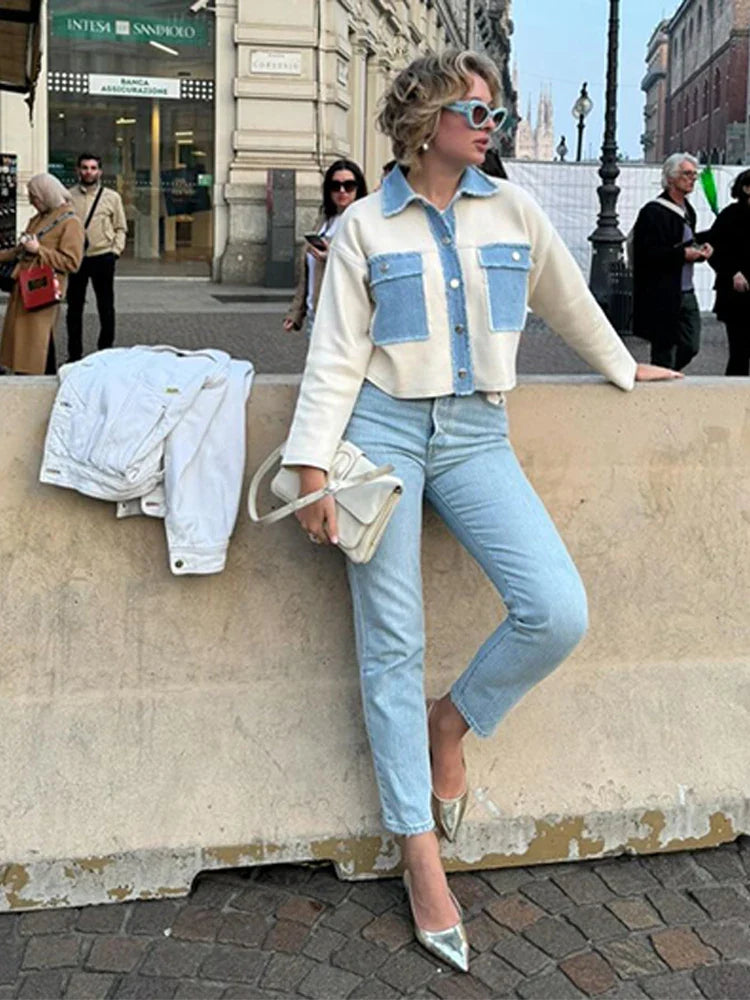 Patchwork Denim Casual Lapel Coat