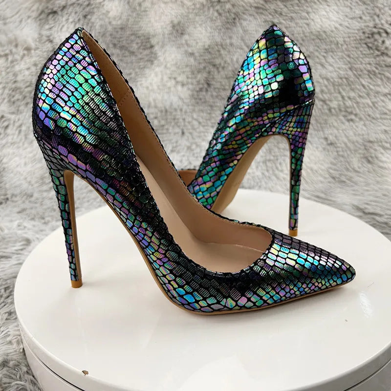 Shiny Laser Crocodile Pointy Toe High Heel Shoes