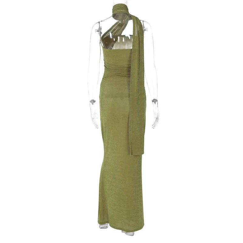 Halter Green Off-shoulder Backless Long Dress