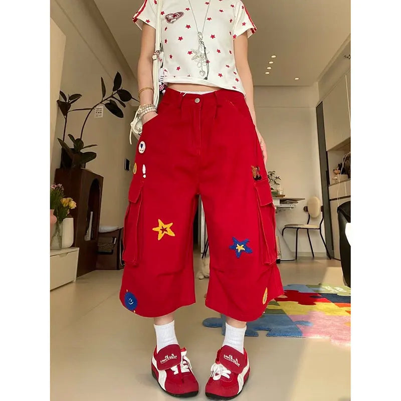 Heart Print Red Denim Calf Pant